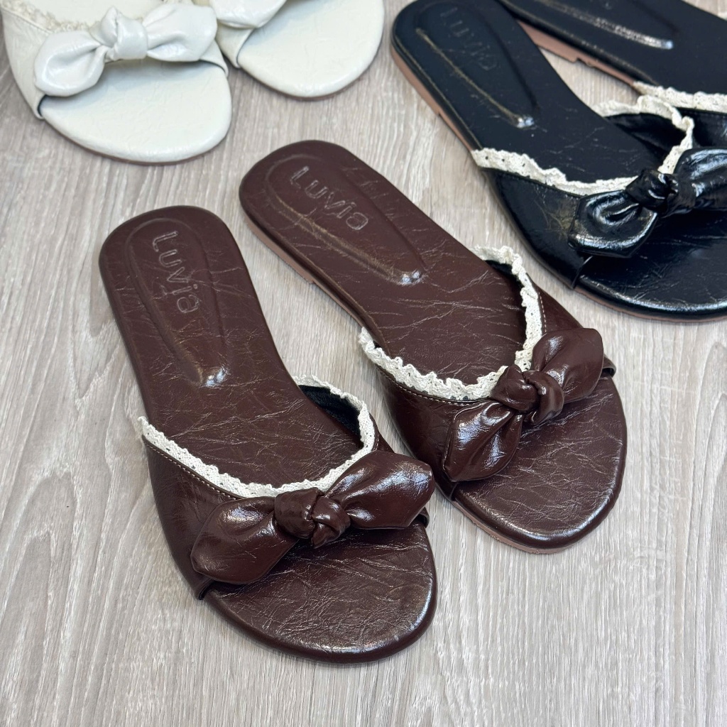 Dép nữ cao cấp quai nơ viền ren thời trang Luvia 227DN