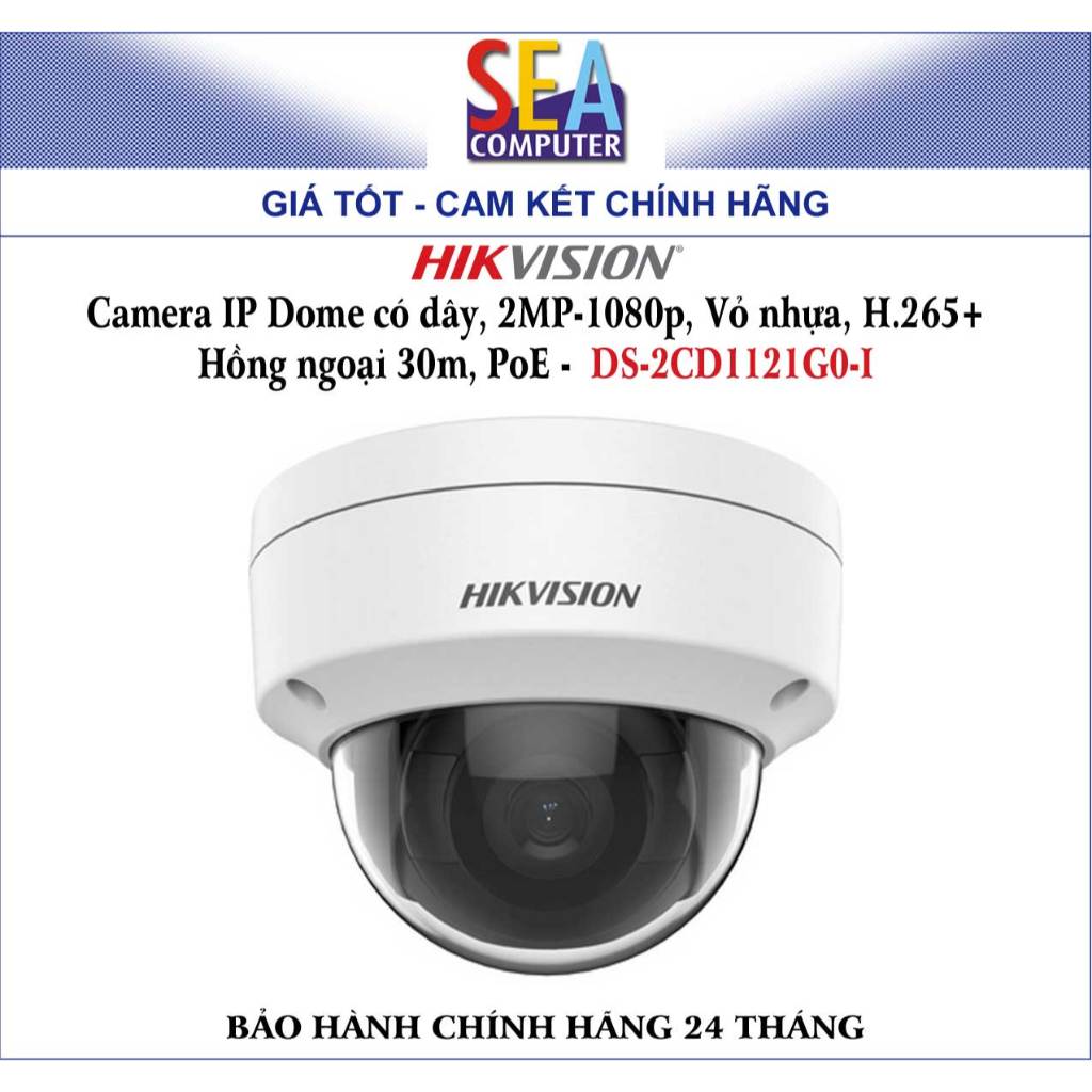 Camera IP HIKVISION Dome có dây, 2MP-1080p, Vỏ nhựa, H.265+ Hồng ngoại 30m, PoE -  DS-2CD1121G0-I
