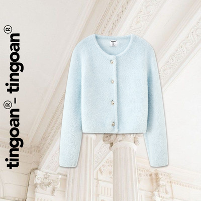 TINGOAN® - Áo len lông bông xù xanh nhạt đậm dáng lửng phối cúc kim loại LISA LOVE TOP/BLUE