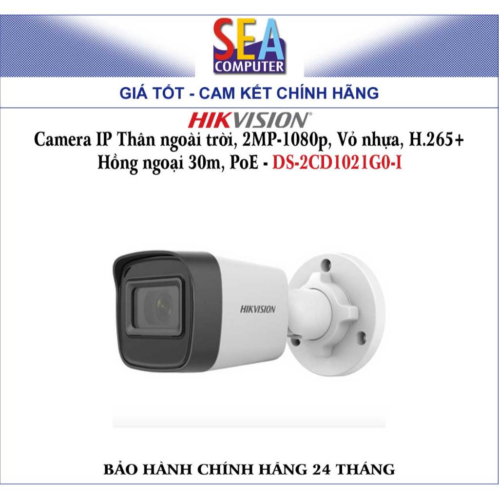 Camera HIKVISION IP Thân ngoài trời, 2MP-1080p, Vỏ nhựa, H.265+ Hồng ngoại 30m, PoE - DS-2CD1021G0-I