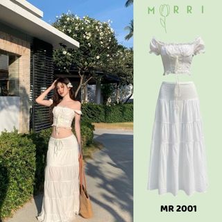  Bộ Đồ Đi Biển Màu Trắng MR2001- Set Áo Croptop Trễ Vai Phối Chân Váy Dài Sang Chảnh Hottrend Mặc Hè 