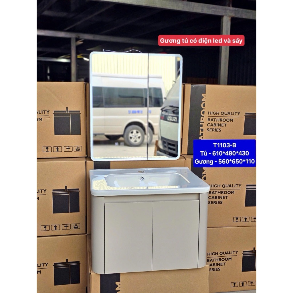 Combo tủ gương led và  lavabo rửa mặt sứ và tủ lavabo dưới TỦ KHUNG NHÔM, CÁNH NHỰA
