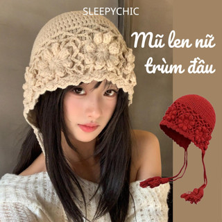 Mũ trùm đầu móc len handmade, mũ len nữ beanie dệt kim vintage ren hoa phong cách Hàn Quốc Retro 2025 Sleepychic MU555