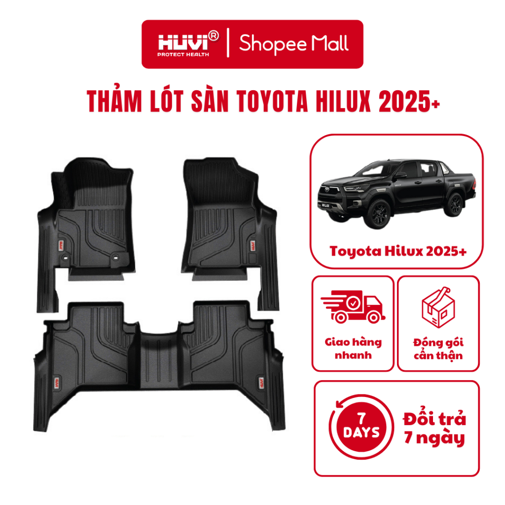 Thảm lót sàn Toyota Hilux (2025-hiện tại) nhựa TPE tràn viền chính hãng HUVI Việt Nam