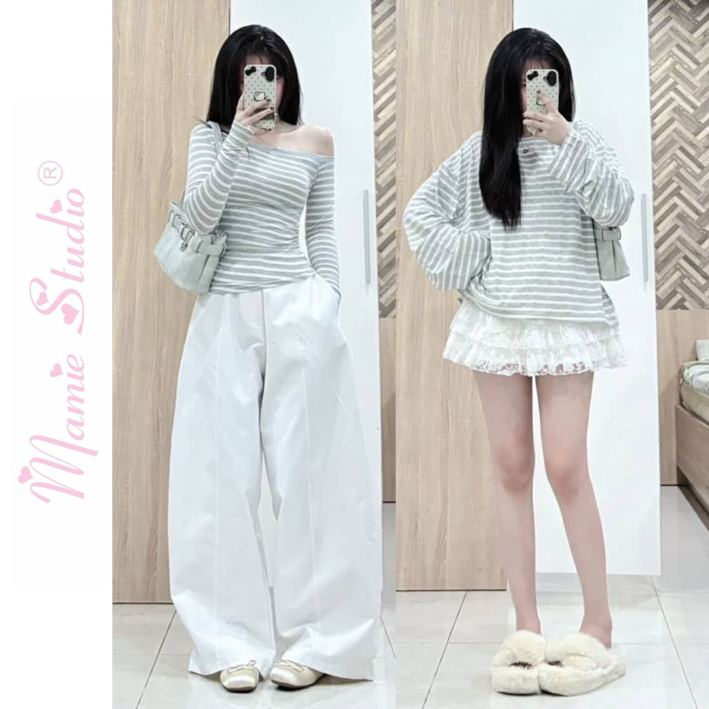  MaMie Studio - Áo thun sọc ngang 2 phân loại áo lệch vai ôm body nữ tay dài và áo thun form rộng boxy tay dài thời tran 