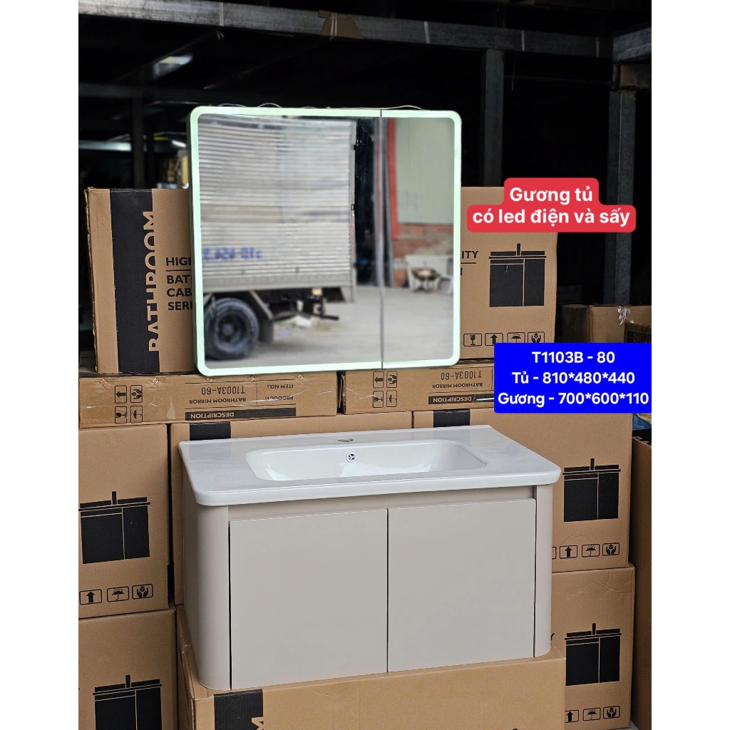 Combo tủ gương led và  lavabo rửa mặt sứ và tủ lavabo dưới TỦ KHUNG NHÔM, CÁNH NHỰA