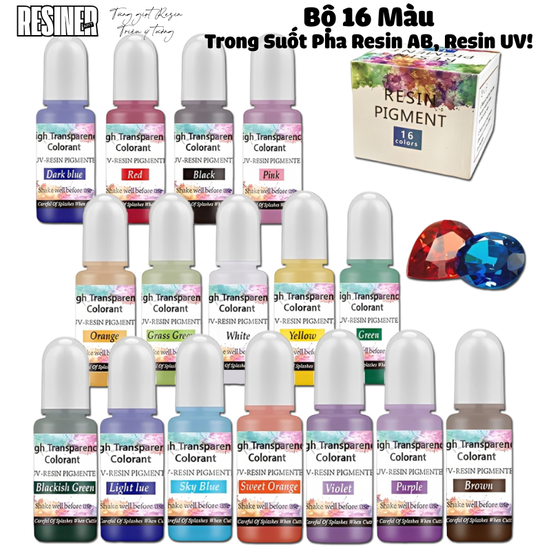 Bộ 16 Màu Cao Cấp Pha Epoxy Resin AB, Resin UV (Màu Trong)