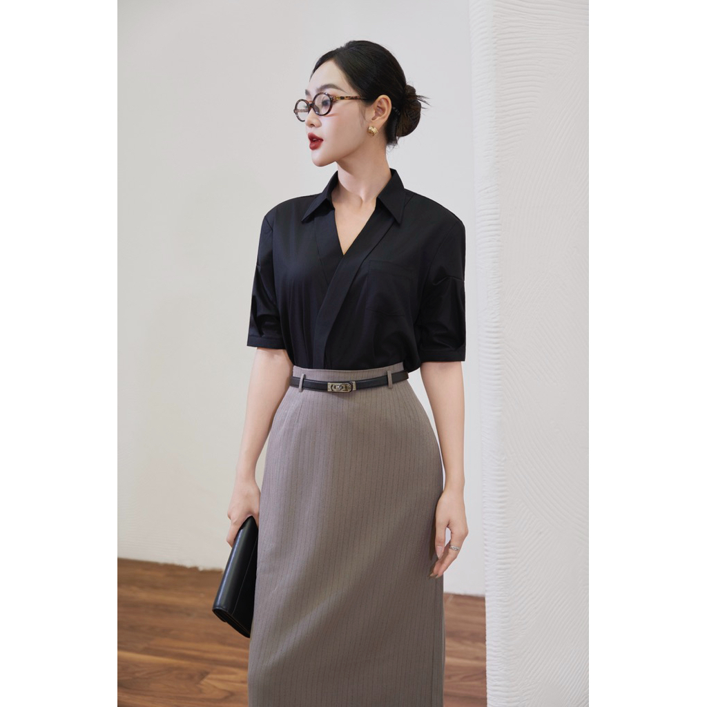 Áo sơmi cổ V tay xếp ly sợi Bamboo cao cấp không nhăn ARÉNE AS029 | BigBuy360 - bigbuy360.vn