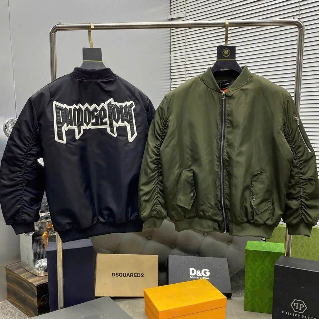 Áo khoác bomber gió nam nữ họa tiết đen thêu chữ da Purpose Tour lưng phối túi khoá tay trần bông 3 