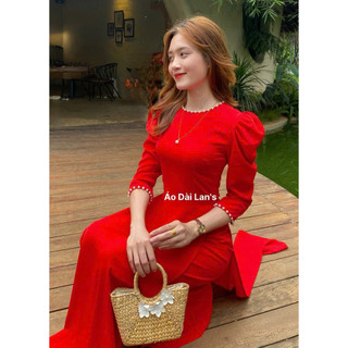  BỘ ÁO DÀI LỤA MỸ CAO CẤP MÀU ĐỎ TƯƠI CỔ KIỀNG PHỒNG TAY LỠ KÈM QUẦN LỤA SANG TRỌNG 