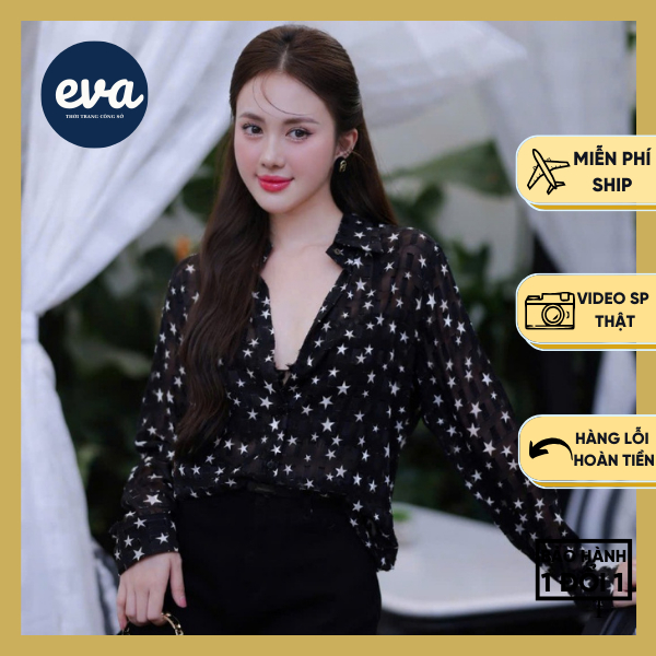 Áo Sơ Mi Nữ Dài Lụa Voan Mỏng Màu Đen Hoạ Tiết Ngôi Sao Nhỏ