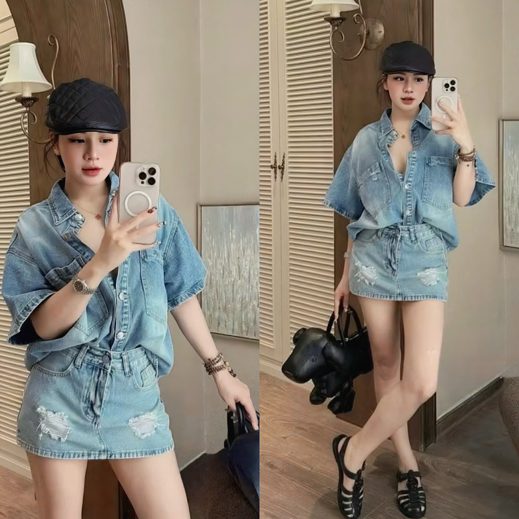 S1 (TÁO ĐỎ BIGSIZE 55-90KG) SET JEAN 2 MÓN BIGSIZE ÁO SƠ MI JEAN + CHÂN VÁY JEAN