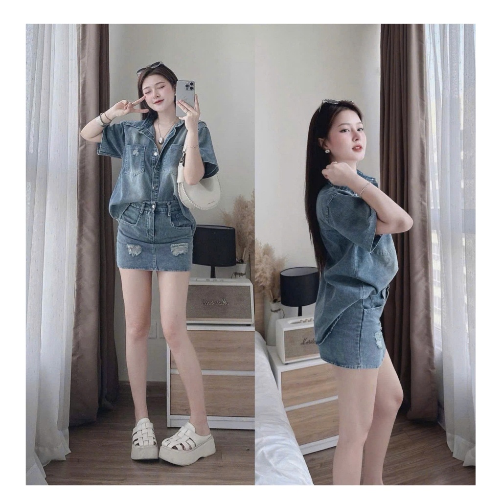 (TÁO ĐỎ BIGSIZE 55-90KG)S1 SET JEAN 2 MÓN BIGSIZE ÁO SƠ MI JEAN + CHÂN VÁY JEAN