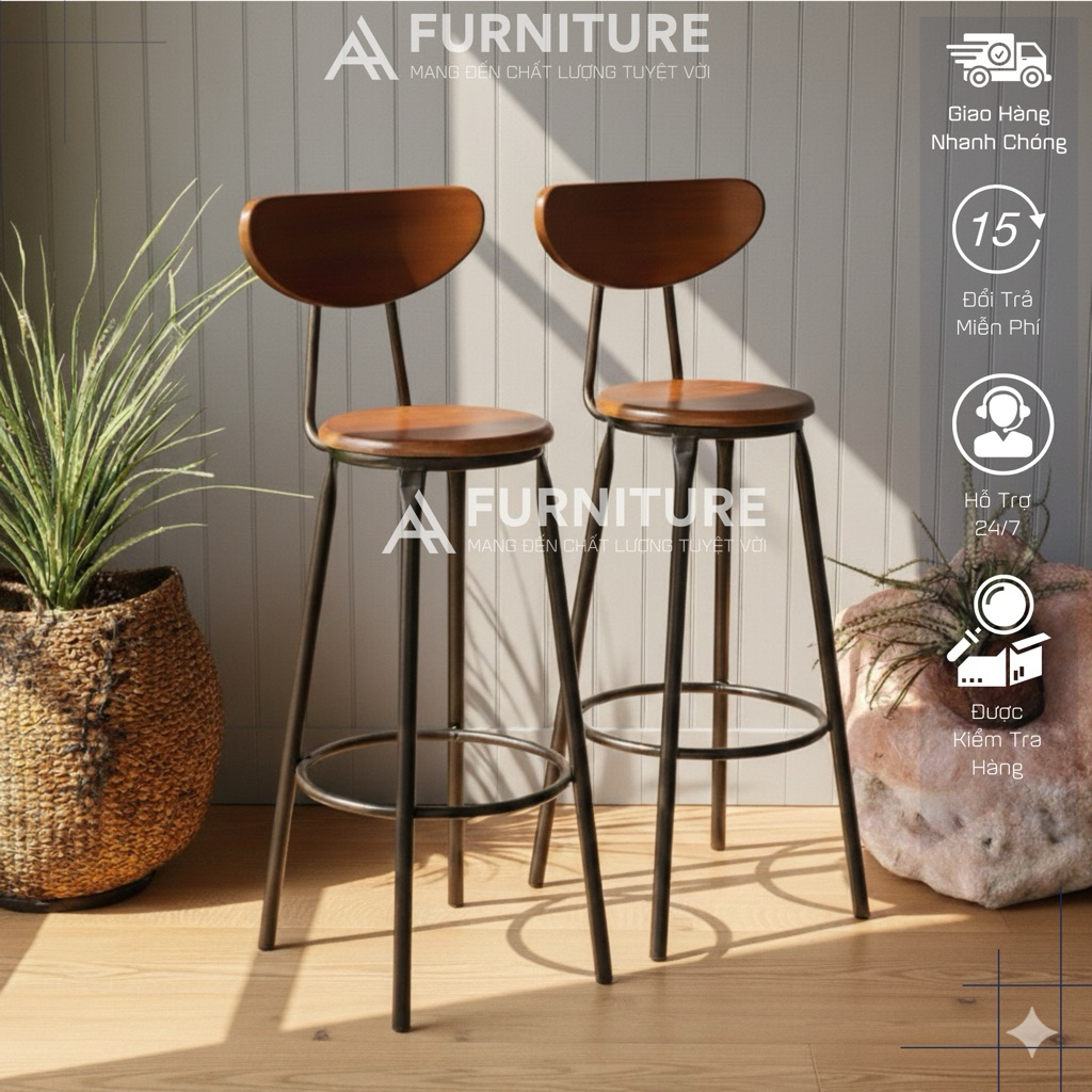 Ghế Đẩu Quầy Bar Cao 75cm Màu Gỗ Tự Nhiên – Giá Xưởng, Giao Hàng Mới Chịu Lực Tối Đa 100kg, Bền Bỉ, 