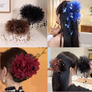  Kẹp tóc bản to 13cm nơ tua rua đính hạt cầu kỳ phụ kiện tóc nữ sang trọng quý phái 