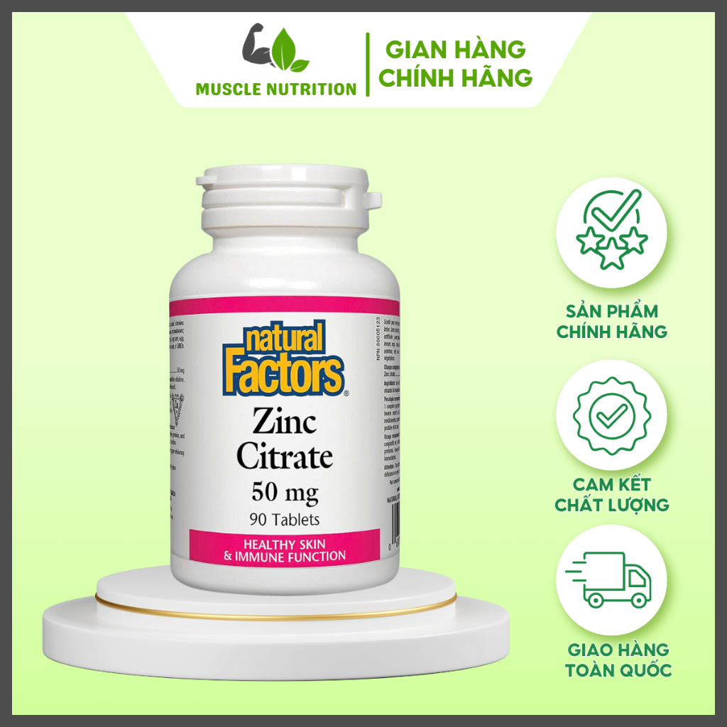Natural Factors Zinc Citrate bổ sung kẽm citrate sinh khả dụng cao, hỗ trợ miễn dịch, da, tóc, móng
