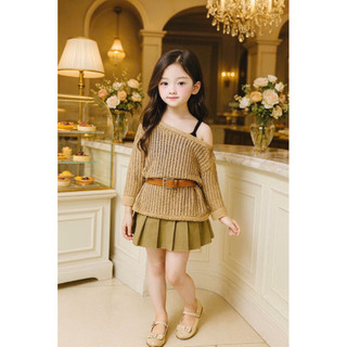  Set váy lưới xinh sang 4 chi tiết: Áo lưới dài tay áo 2 dây chân váy xếp li và kèm dây đai cho bé gái  9-32kg  