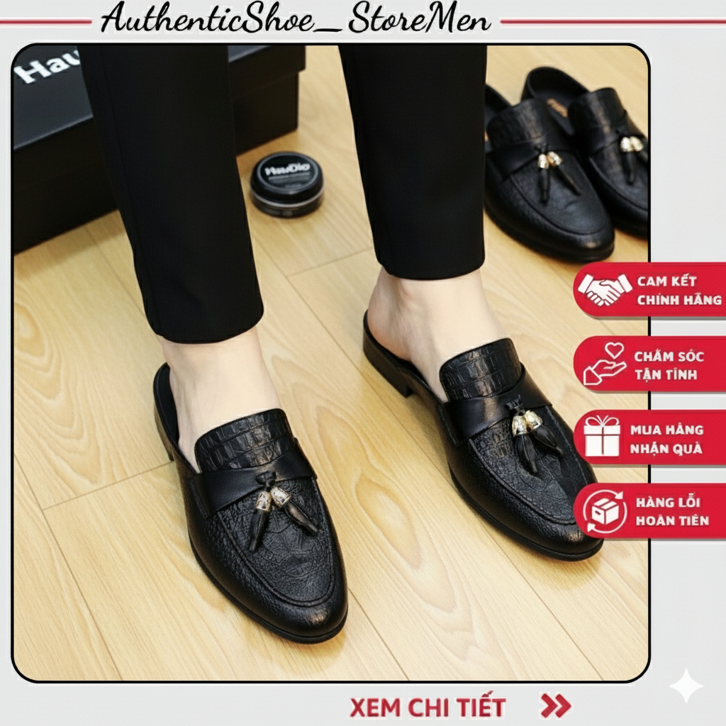 Giày sục nam da dập vân cá sấu phối nơ chuông, Giày lười hở gót nam thời trang phong cách Hàn Quốc
