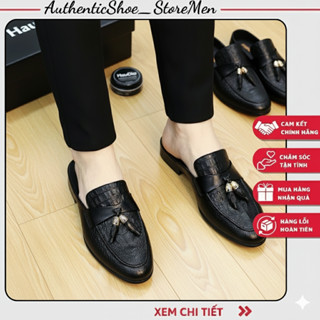 Giày sục nam da dập vân cá sấu phối nơ chuông, Giày lười hở gót nam thời trang phong cách Hàn Quốc