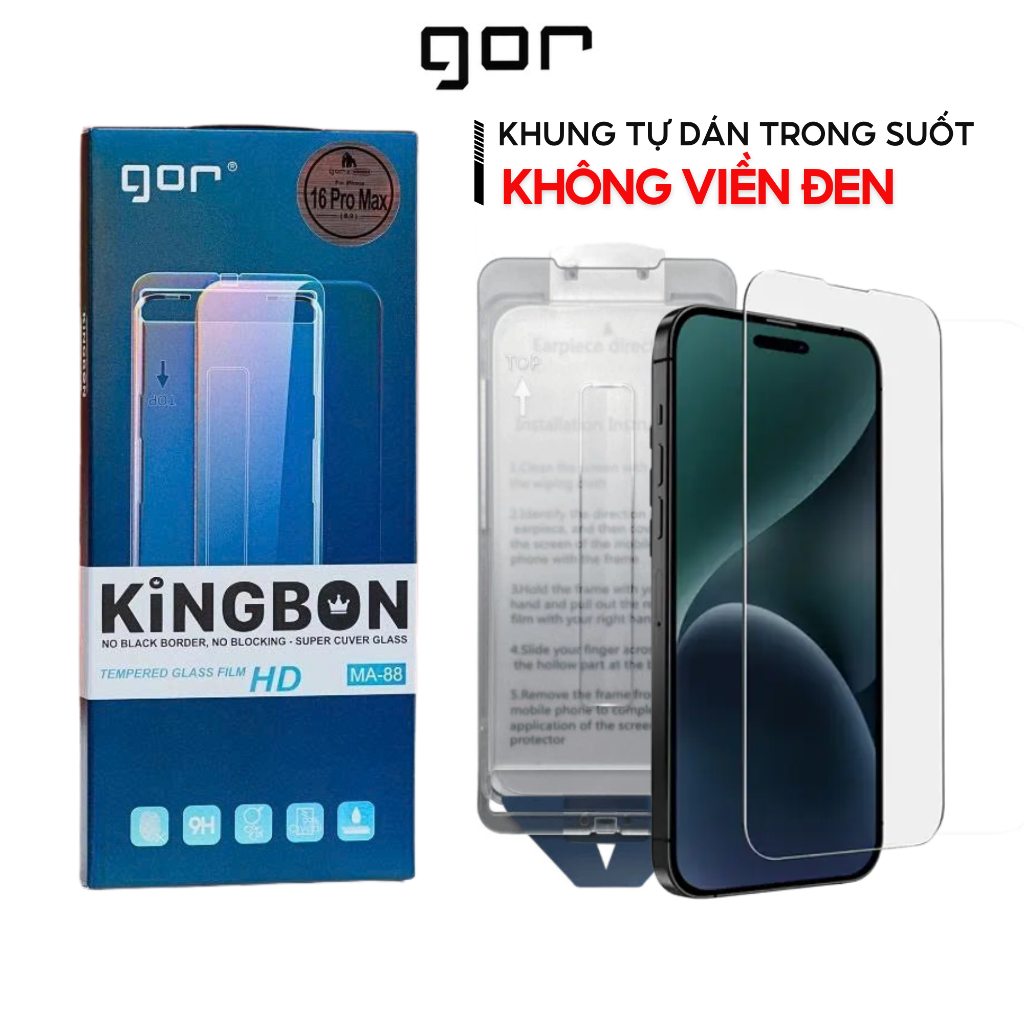 Kính cường lực iPhone khung tự dán trong suốt không viền GOR KINGBON MA-88 cho 14 15 16 17 Pro Max