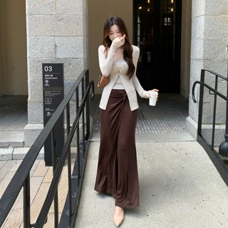 Bộ set nữ Tiffany Áo khoác cardigan + áo 2 dây ôm body + chân váy maxi chất thun len dự tiệc dạo phố công sở sang trọng