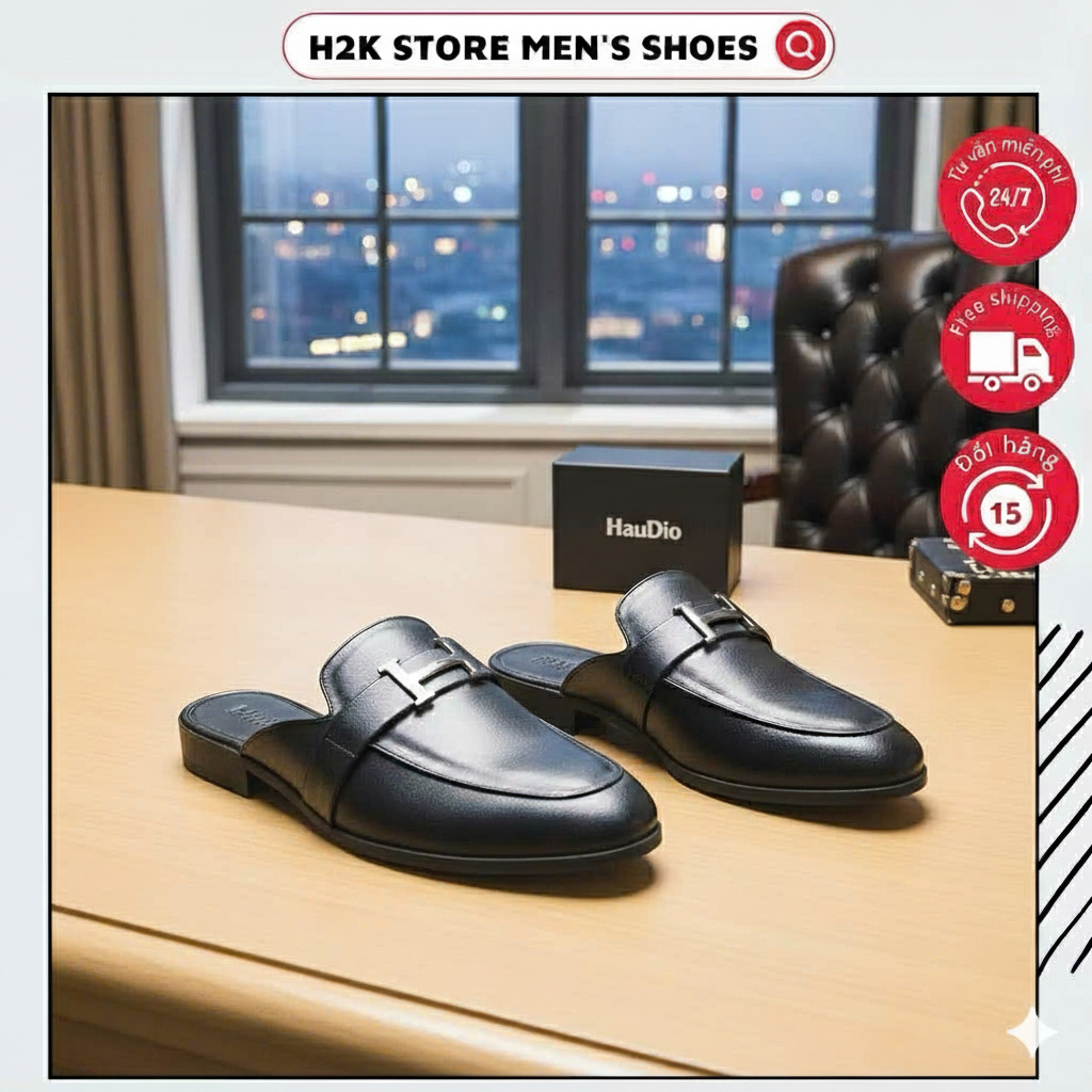 Giày sục nam da trơn phối khóa chữ H cao cấp, Giày lười hở gót nam công sở lịch lãm mũi nhọn