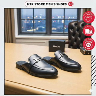 Giày sục nam da trơn phối khóa chữ H cao cấp, Giày lười hở gót nam công sở lịch lãm mũi nhọn