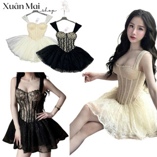 Đầm cúp ống nữ form ngắn xoè tầng đan dây mắt cáo sẵn mút ngực kèm quần bảo hộ phong cách tiểu thư hai màu đen trắng