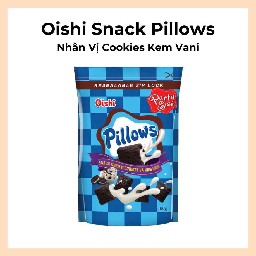 Snack Oishi Pillows Nhân Cookies Kem Vani, Sữa Dừa, Socola