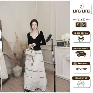  Set Áo Dệt Kim Thun Gân Kèm Bra Ren Phối Chân Váy Ren Thêu Hoa Tầng Nữ Tính – LIING 