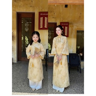  Áo Dài Cách Tân Nữ mẹ và bé gái thêu hạc 4 tà  – Áo Dài Tết 2025 Đính Kết Thủ Công Màu vàng– Áo Dài Cách Tân T A 