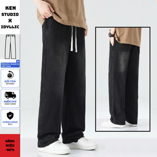 Quần Ống Rộng Nam Màu Đen Cạp Chun Dây Rút Form Suông Phong Cách Retro Chất Liệu Jean Mềm Ken Studio