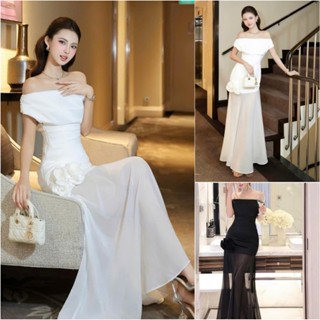  Đầm Dự Tiệc Trễ Vai A123 Váy maxxi đuôi cá quấn hoa xếp ly tôn dáng 2 màu trắng và đen mặc đi bàn chụp hình cưới party 