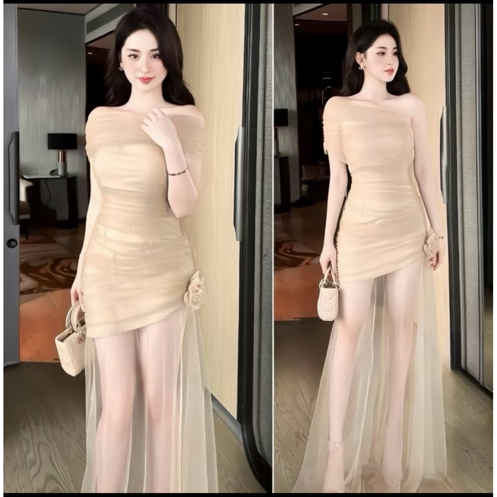 ĐẦM BODY TÙNG LƯỚI THIẾT KẾ TRỄ VAI KÈM TAG HOA