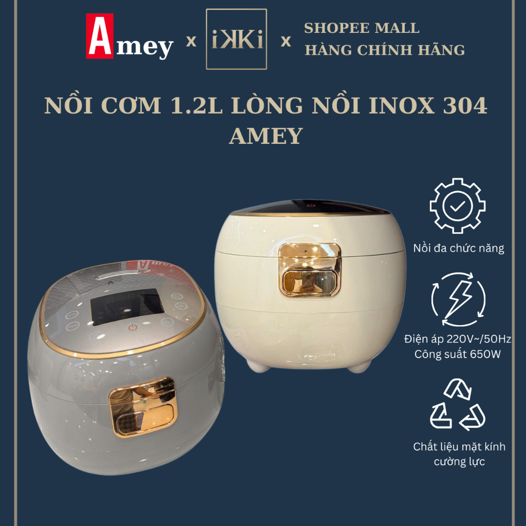 Nồi Cơm 1.2L Lòng Nồi Inox 304 AMEY cao cấp có khay nấu tách đường