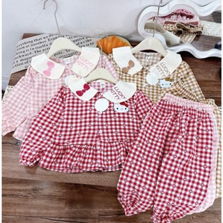    10-30kg   Bộ pijama bé gái dài tay chất đũi kẻ caro dễ thương họa tiết hello kitty   nơ 