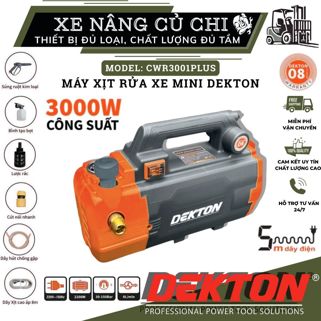 Máy xịt rửa xe 3000W Dekton DK-CWR3001PLUS, 180bar, lưu lượng 14 L, có chỉnh áp, chống giật,nhỏ gọn