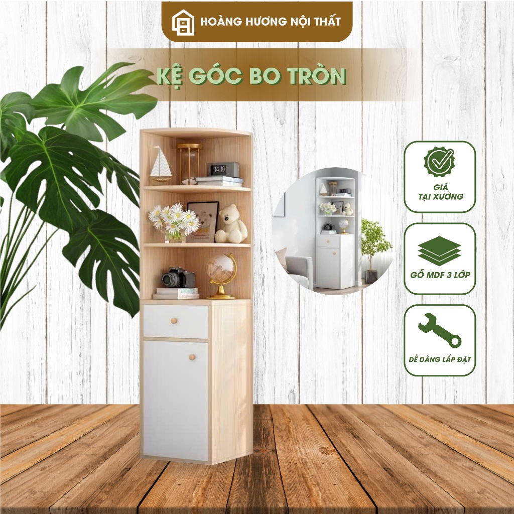 Kệ góc tường Hoàng Hương, kệ decor có tủ đa năng, kệ để đồ bo góc tròn, chất liệu gỗ MDF chống nước 