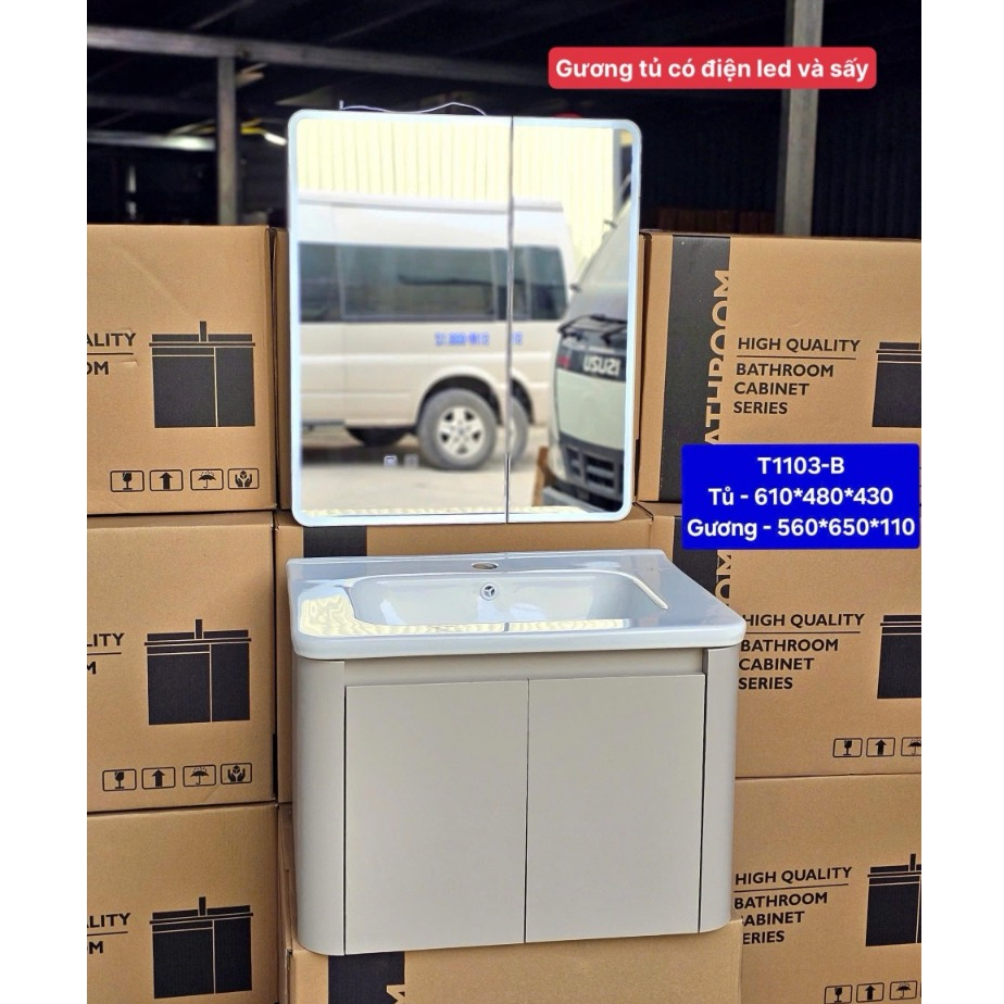 Combo tủ gương led và  lavabo rửa mặt sứ và tủ lavabo dưới TỦ KHUNG NHÔM, CÁNH NHỰA