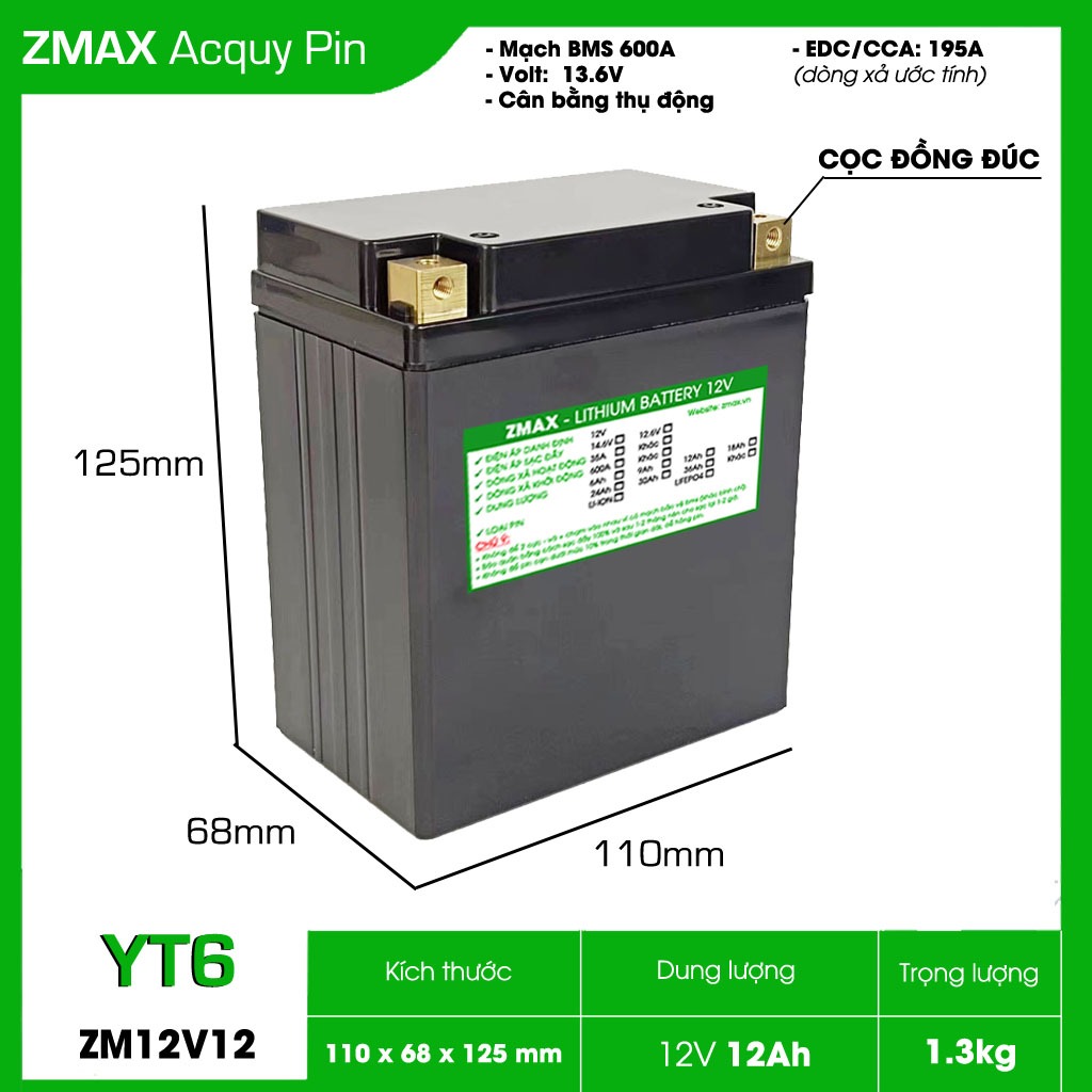 Pin lithium LiFePO4 dùng cho xe máy 12V 6Ah, Size YT6