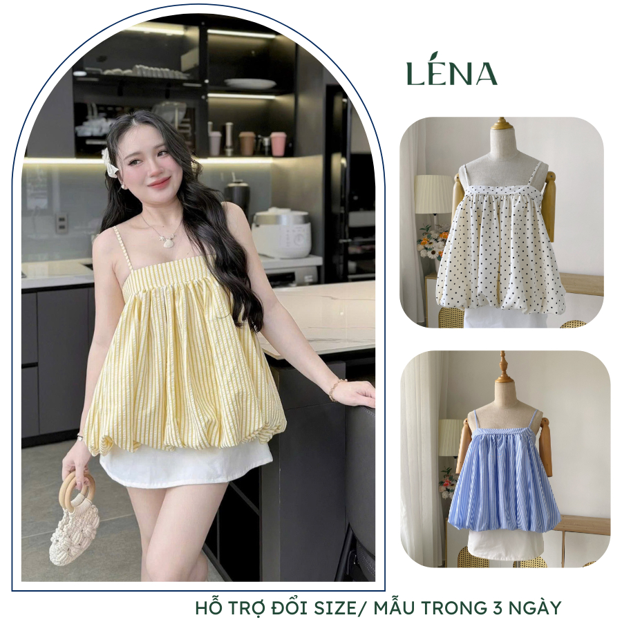  Có BIGSIZE. Áo bí 2 dây babydoll basic dáng rộng may 2 lớp mịn mát dây áo điều chỉnh được LENA 3148 