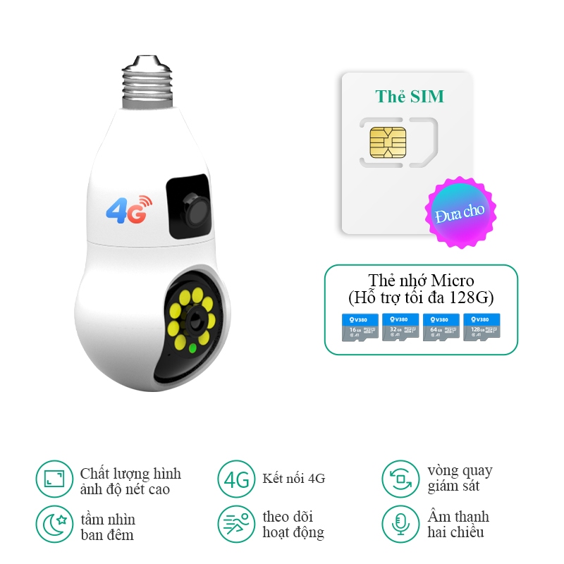 Camera giám sát bóng đèn V380 E27A-4G xoay 360 độ