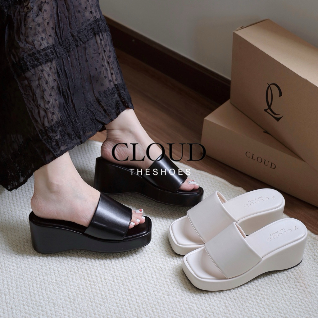 Dép mũi vuông đế cao, dép đế xuồng nữ 6cm Cloud chất da si mềm êm chân quai ngang bản lớn dễ phối đồ