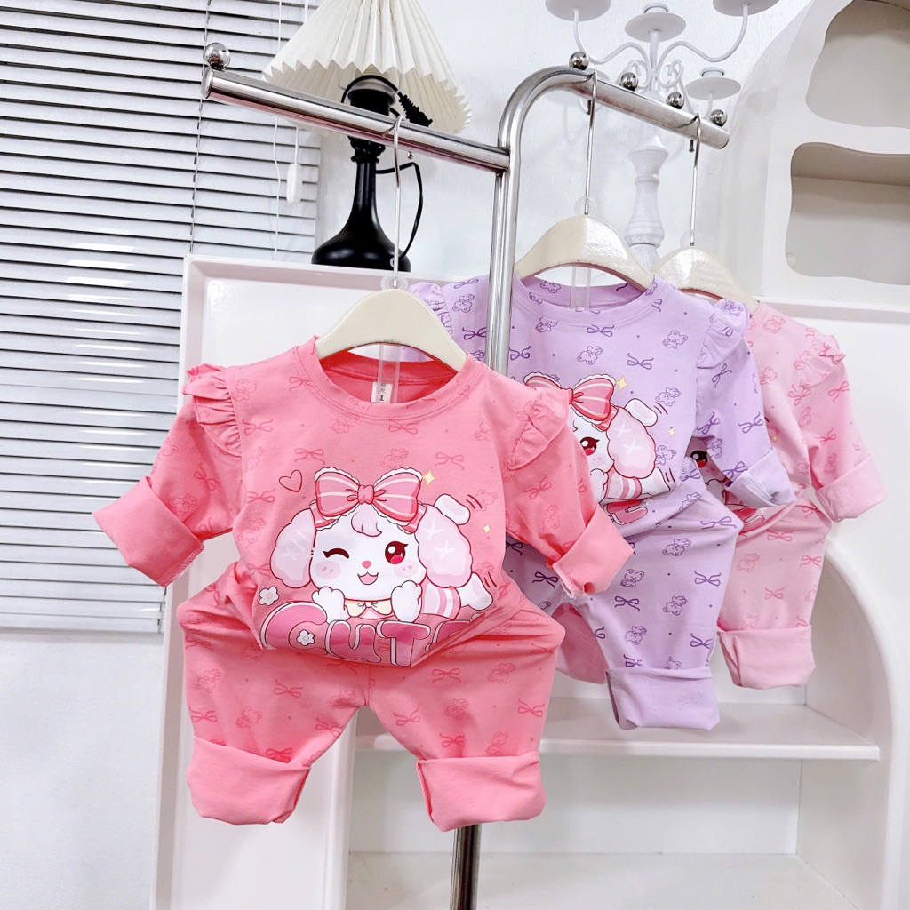 (Mẹ Bắp) Bộ cotton thu đông, hình cún hoạ tiết cho bé gáiii.