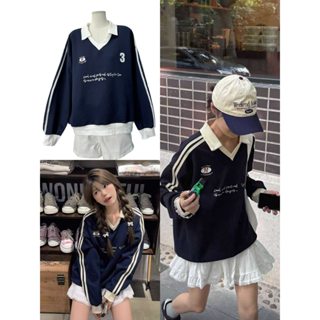 Áo Nỉ Sweater Polo Nữ, Áo Nỉ Phối Tay Sọc Màu Xanh Than Form Rộng Tay Bồng Áo Mùa Đông Phong Cách Hàn Quốc