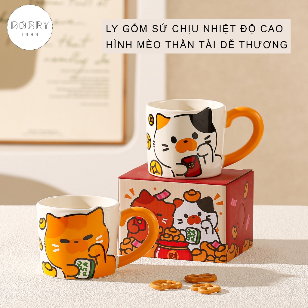 Ly Cốc gốm sứ chịu nhiệt độ cao, hình Mèo thần tài dễ thương, Ly sứ uống trà, cafe chất lượng cao