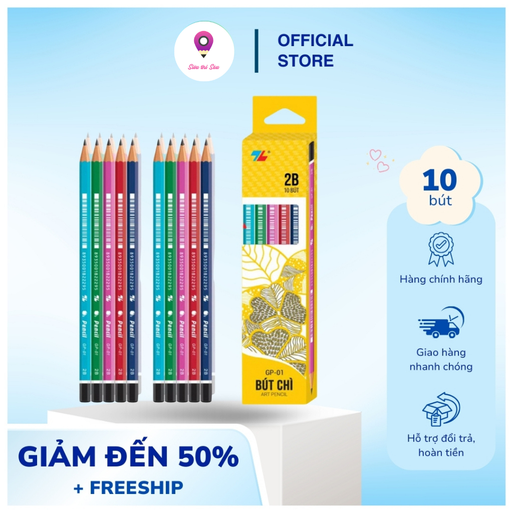 Hộp 10 bút chì 2b Thiên Long GP-01 mẫu mới, bút chì 2b nhiều màu sắc đẹp