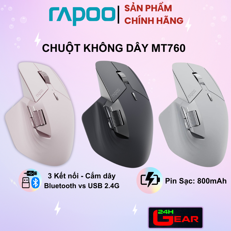 Chuột Không Dây Rapoo MT760 Silent Pin sạc 800mAh-Bluetooth,2.4G ,Có dây(Kết nối tối đa 5 thiết bị)