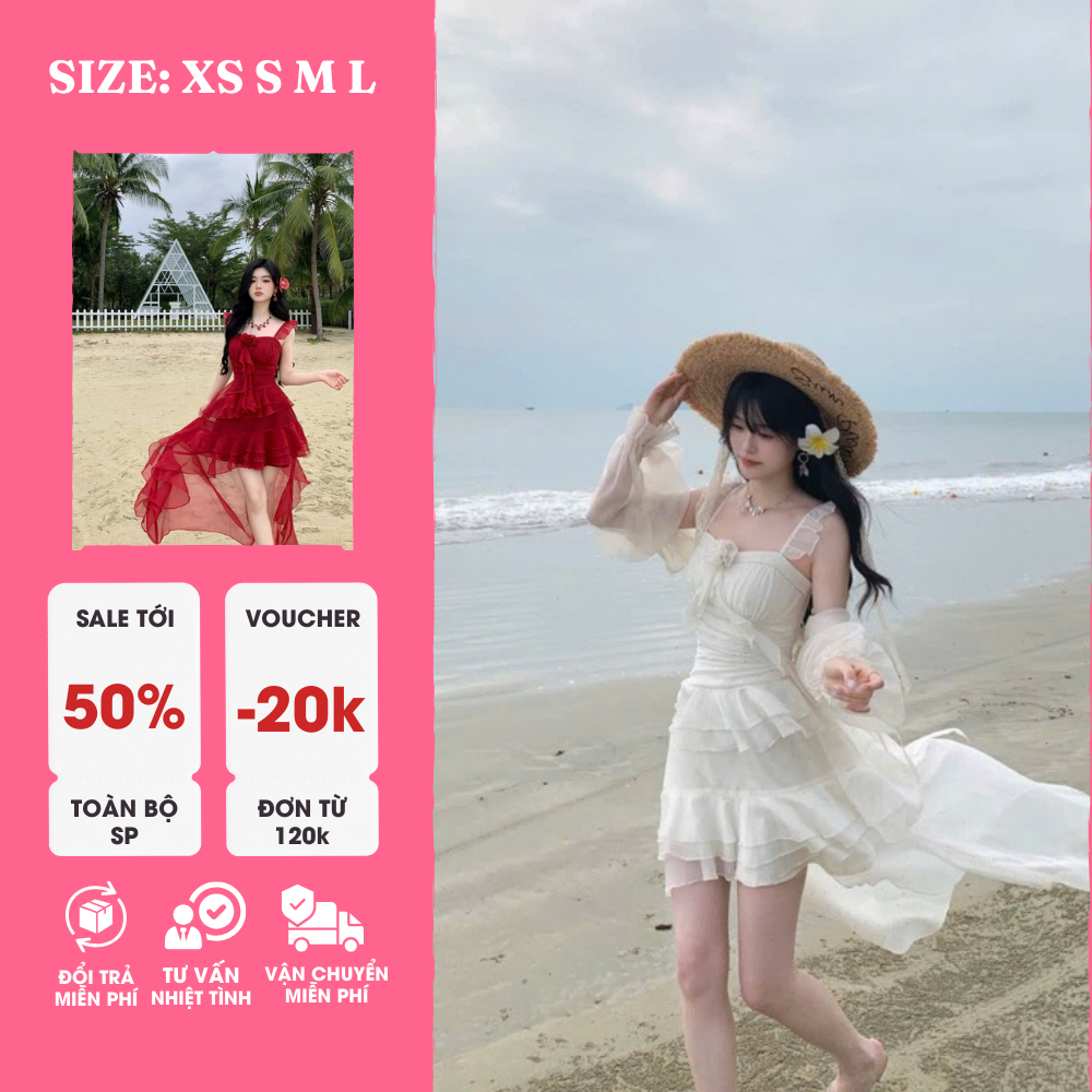 Đầm Maxi Đi Biển Tơ Ánh Kim – Thiết Kế Bồng Bềnh Tự Do, Màu Đỏ Trắng Sang Trọng, Tôn Dáng Thanh Lịch