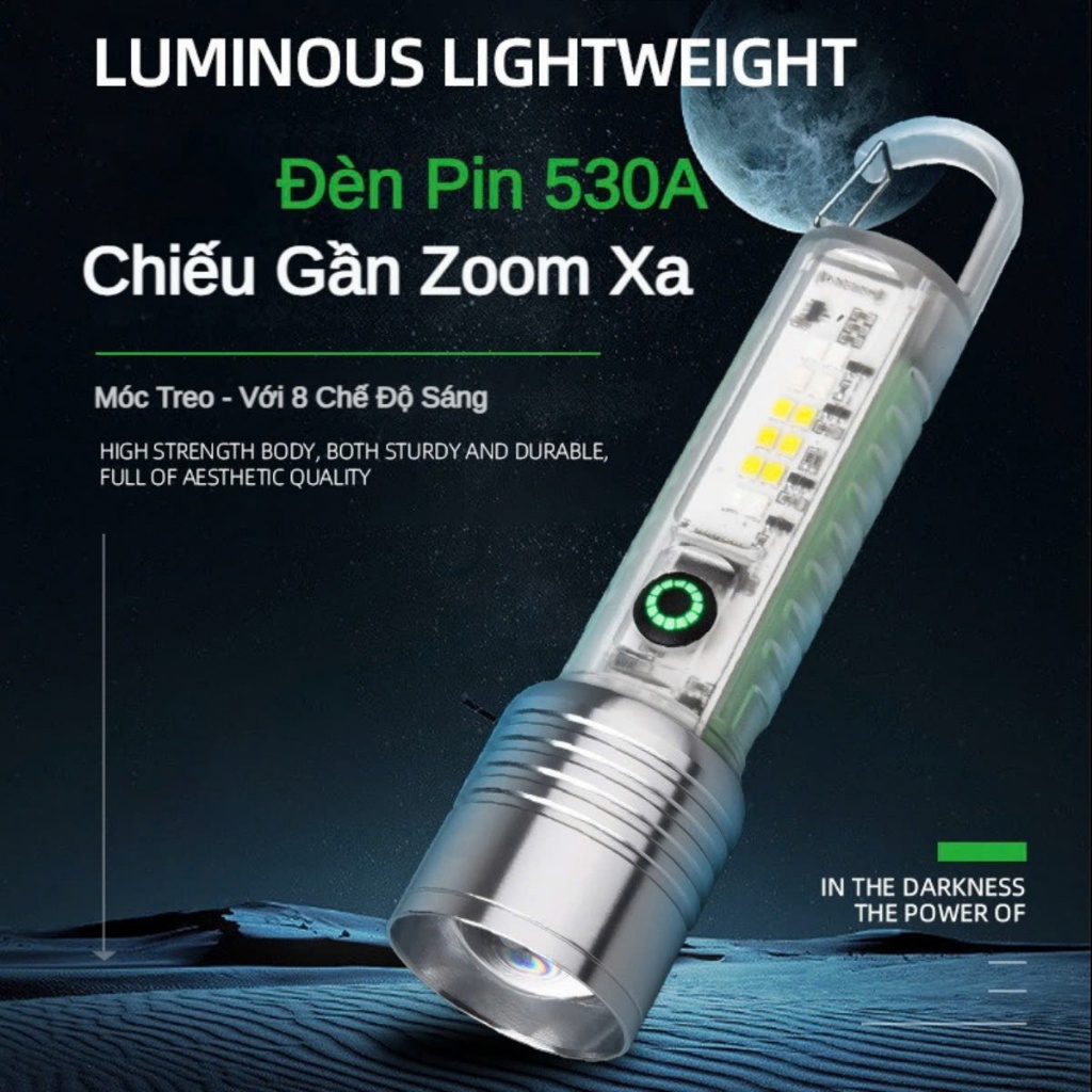 Đèn Pin Móc Khóa 520 Pro Chiếu Gần Zoom Xa, Đèn Có Nam Châm Đuôi, Với 8 Chế Độ Sáng, Kháng Nước Tốt
